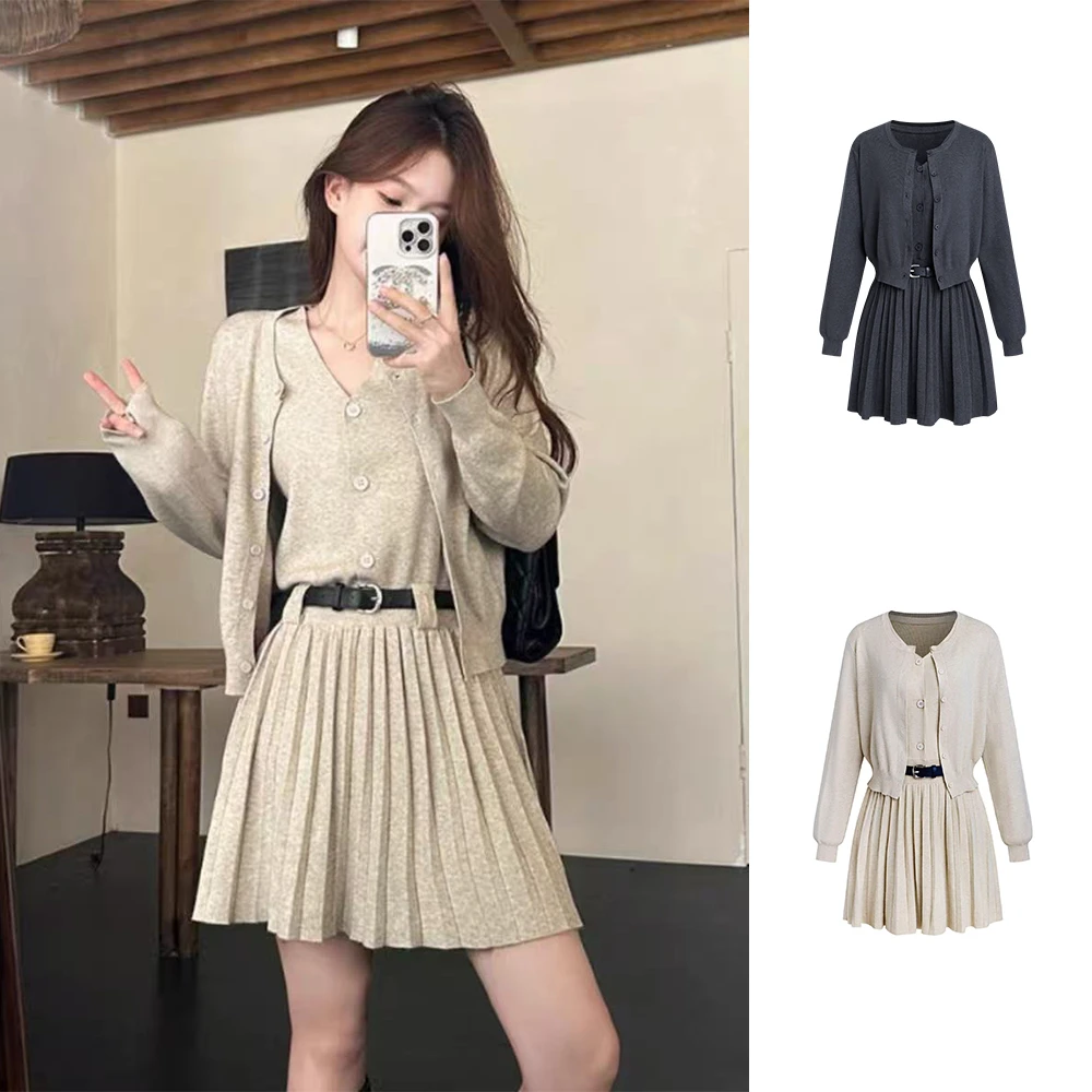 【首尔恋人】秋季软糯百搭针织开衫+背心连衣裙套装配腰带#6082