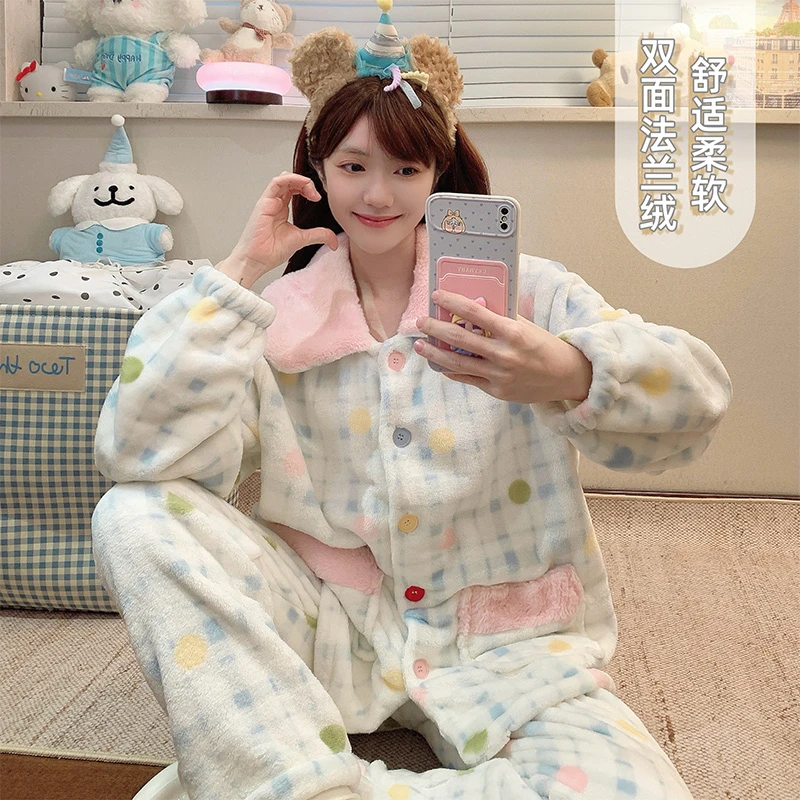 束口格子睡衣女冬季法兰绒柔软舒适长袖长裤加绒加厚保暖居家套装