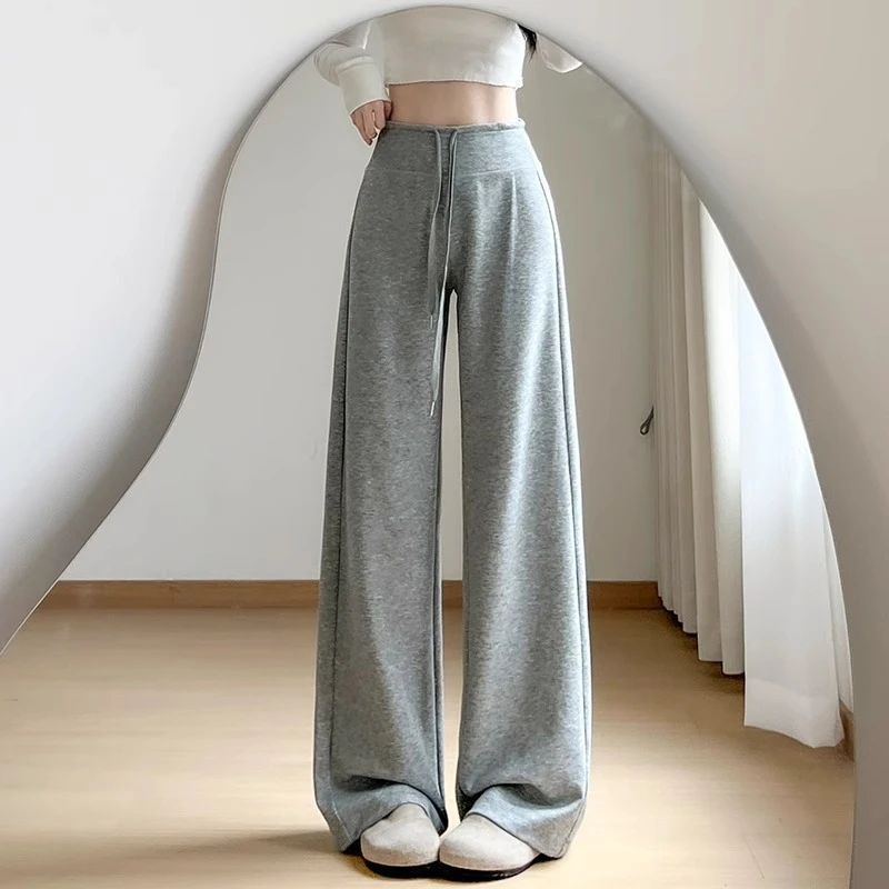 灰色休闲运动裤女春季新款高腰抽绳小个子阔腿裤宽松显瘦直筒长裤
