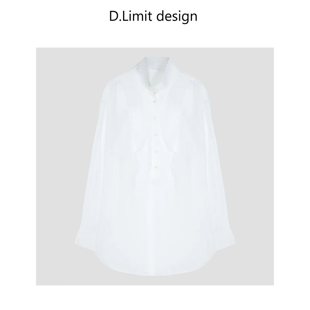 【D.Limit design】32亚麻68天丝立领半开襟白色衬衫DLZC5101