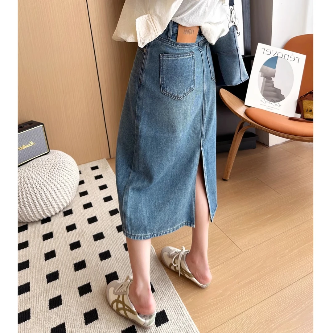 夏季新款蓝色后开叉A字半身牛仔裙梨型身材高腰遮胯显瘦中长裙