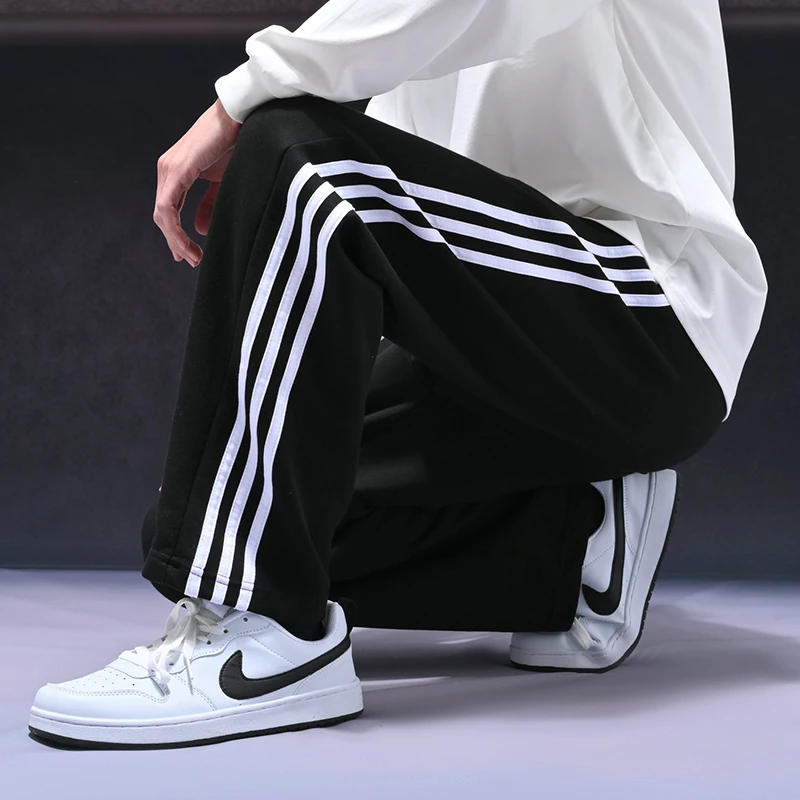 100%棉-秋冬季经典百搭运动长裤宽松垂感直筒束脚休闲裤ins加绒