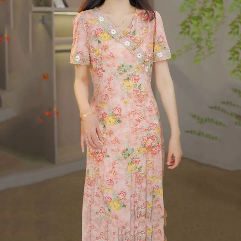 国风高端精致花色法式宽松显瘦中长款夏季连衣裙女