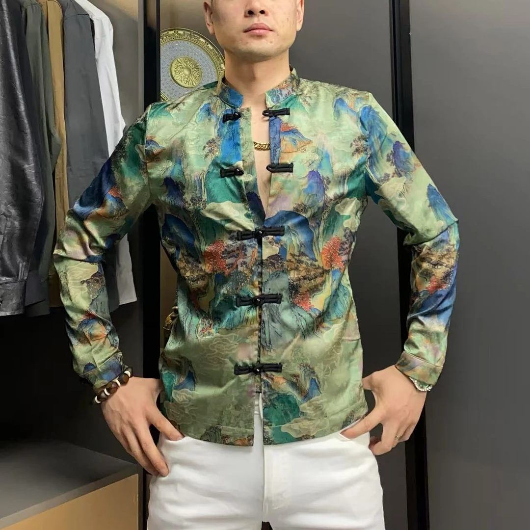 2025秋季新款男士轻薄透气休闲国风国潮盘扣提花衬衫唐装24032