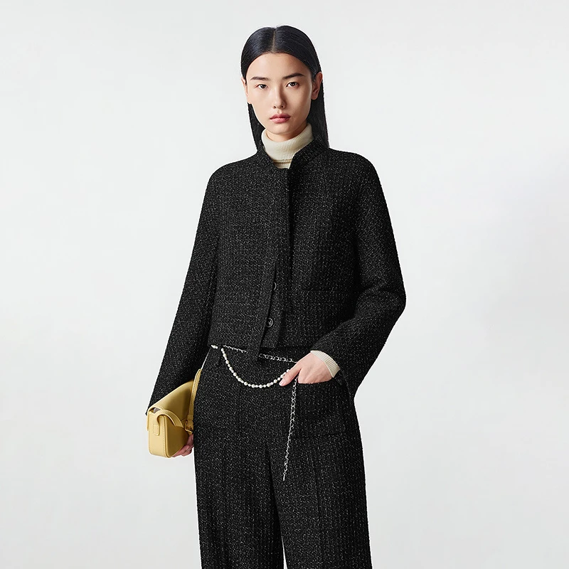 LANCY/朗姿2025冬新款法式小香风羊毛系带领设计感黑色短款外套女