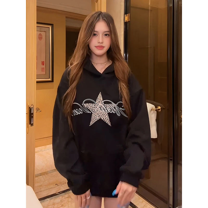 豹纹星星印花美式连帽卫衣重磅潮牌百搭黑色休闲慵懒感外穿上衣潮