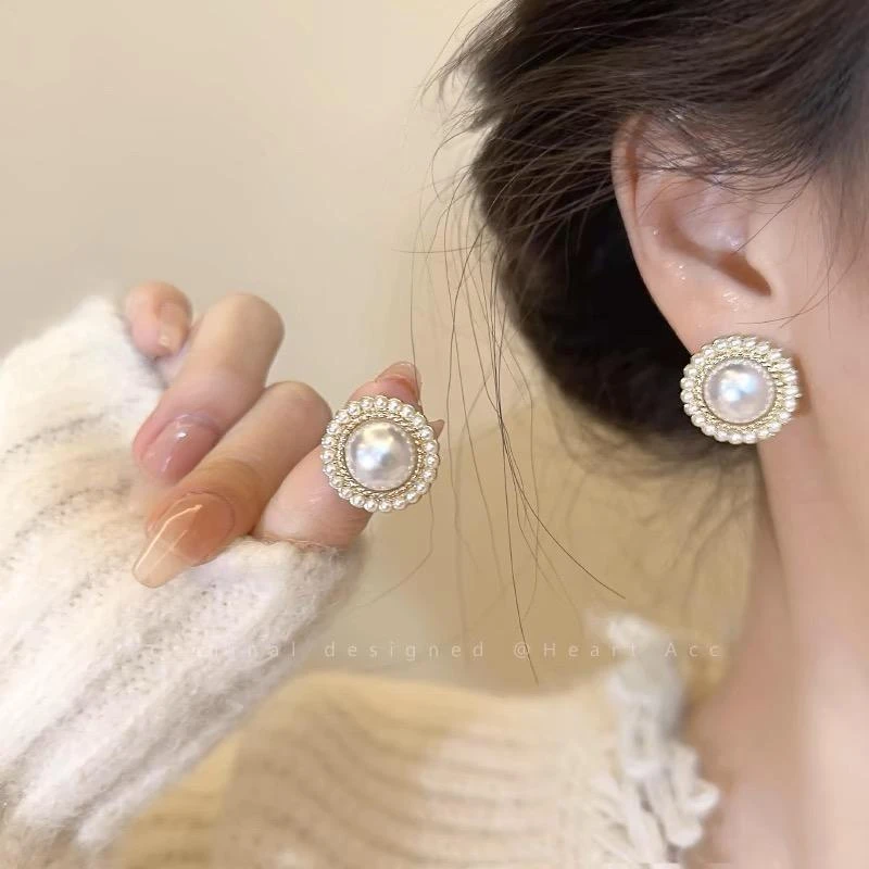 925银耳饰 纯银针珍珠耳钉法式复古小众设计气质方圆脸轻奢女百搭