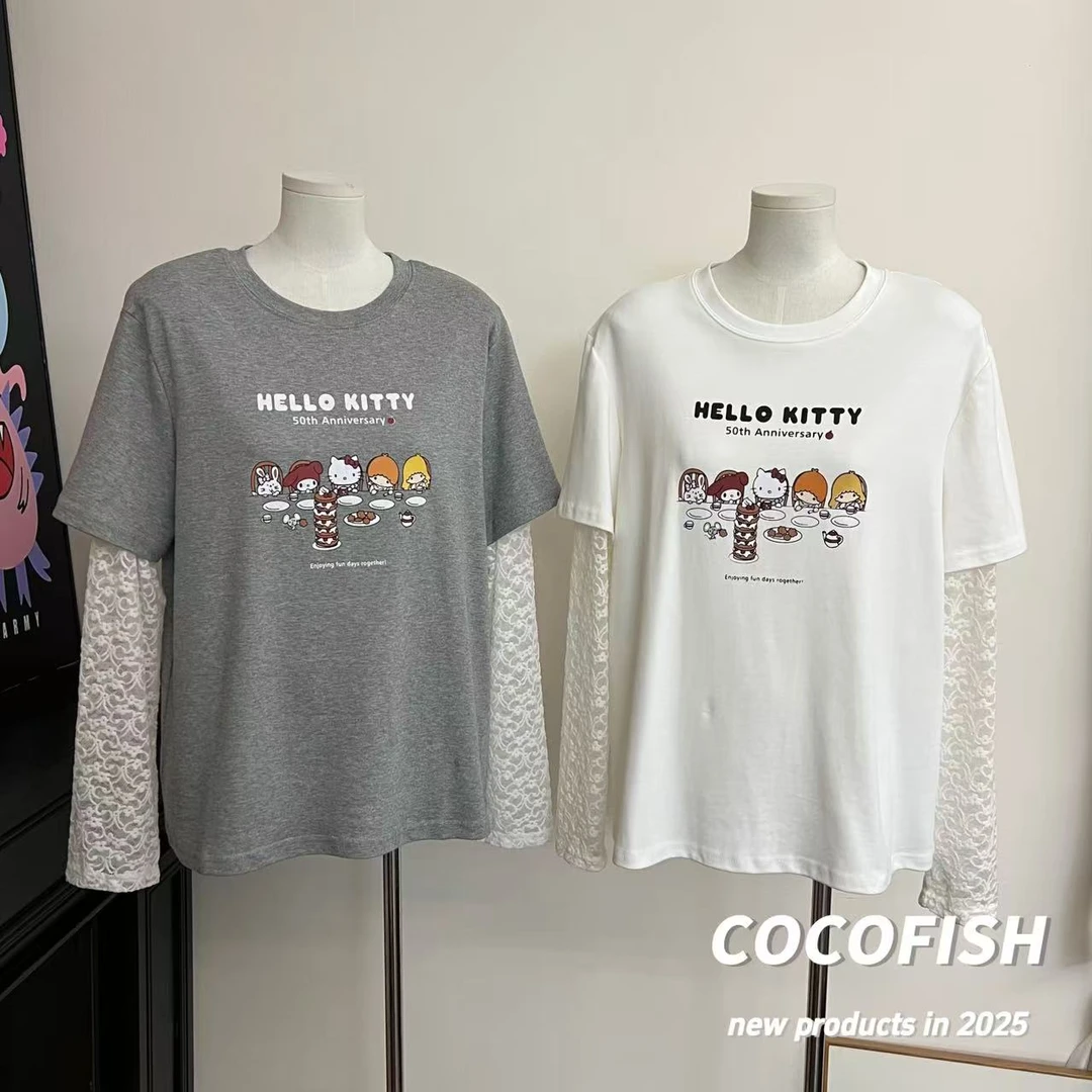 设计感蕾丝拼接卡通印花圆领长袖T恤#25014