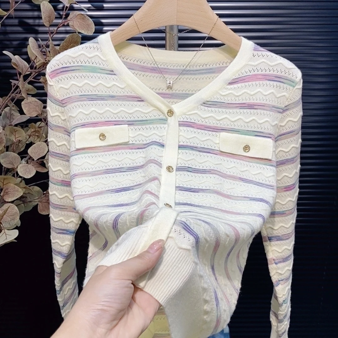 2025春秋宽松小香风假开衫毛衣针织V领显瘦气质法式镂空薄款815