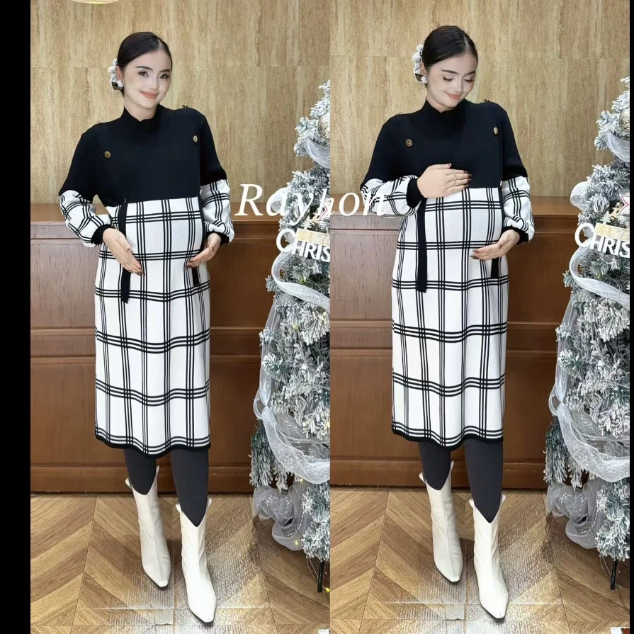Rayhon孕妇秋冬宽松加厚针织格子连衣裙气质显瘦遮肚打底