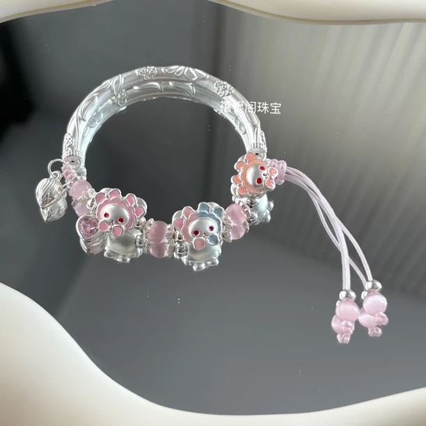 足银手链 足银999兔熊手镯转运珠半镯手工甜美洛丽塔闺蜜手链礼物