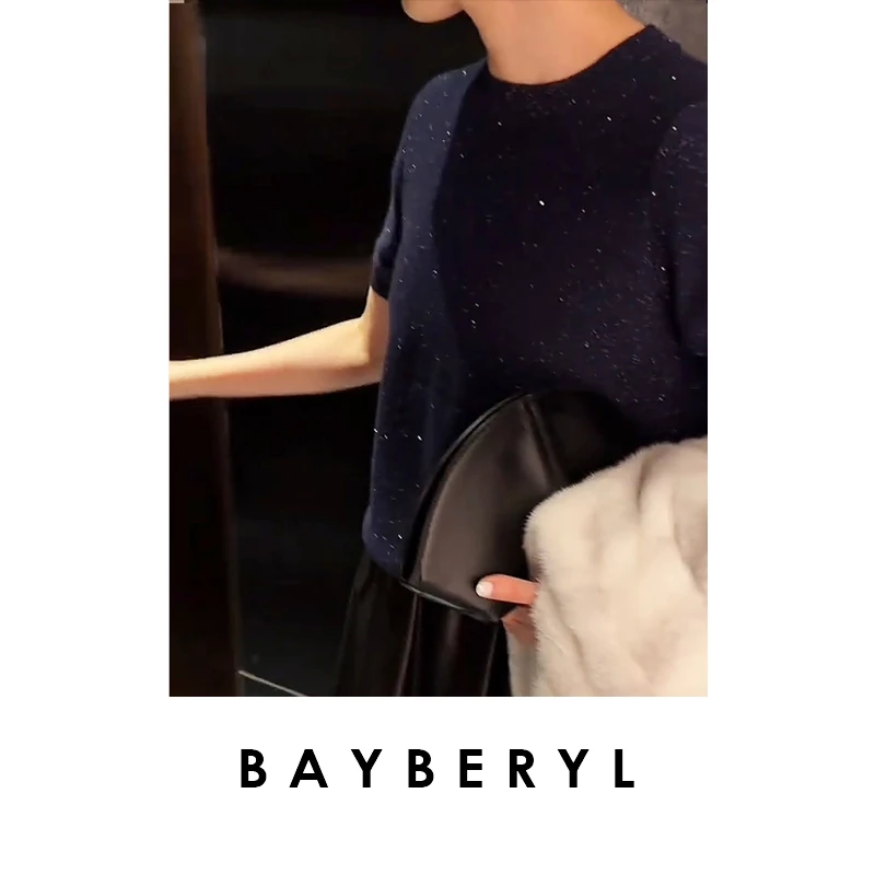 BAYBERYL老贝银河系*亮片圆领柔羊绒秋短袖针织衫ZZS5H0608-8/16