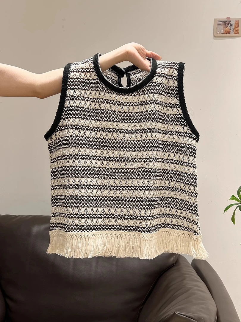 流苏下摆无袖针织条纹背心女士夏季2025新款绝美宽松小众上衣通勤