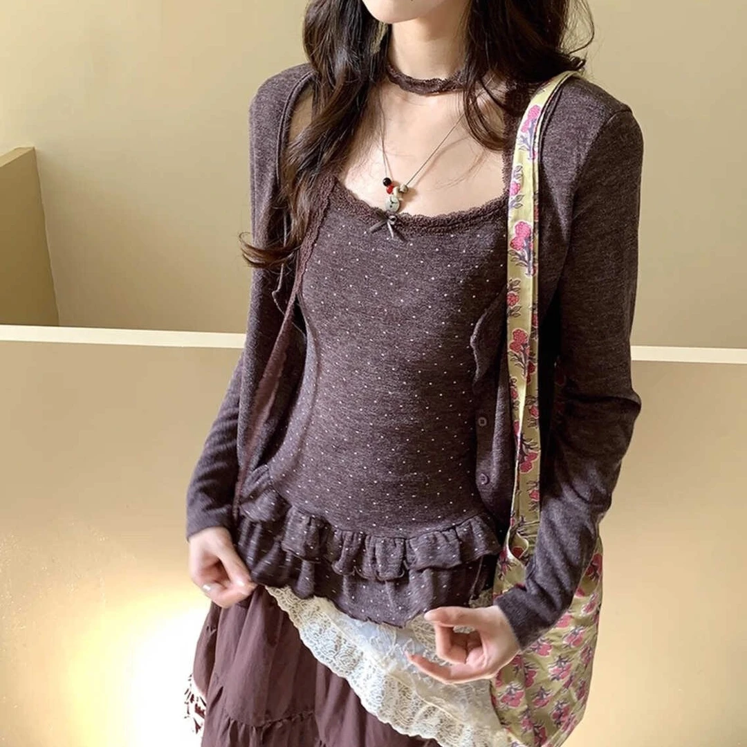 （运补6）气质波点针织开衫+吊带背心(三件套)