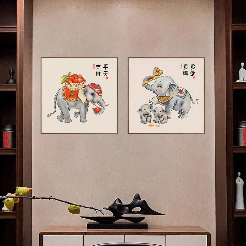 195-40*40平安吉象多子多福两联挂画客厅背景墙餐厅包厢装饰壁画