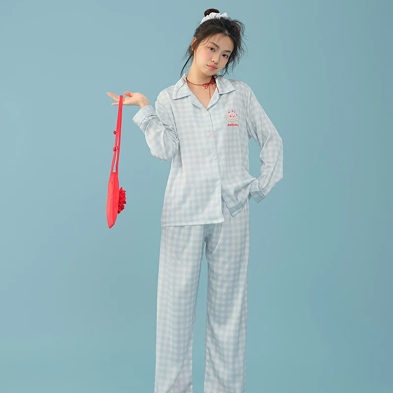 三件套凉感ins风冰丝睡衣蛋糕蓝格子女薄款春夏家居服可外穿套装