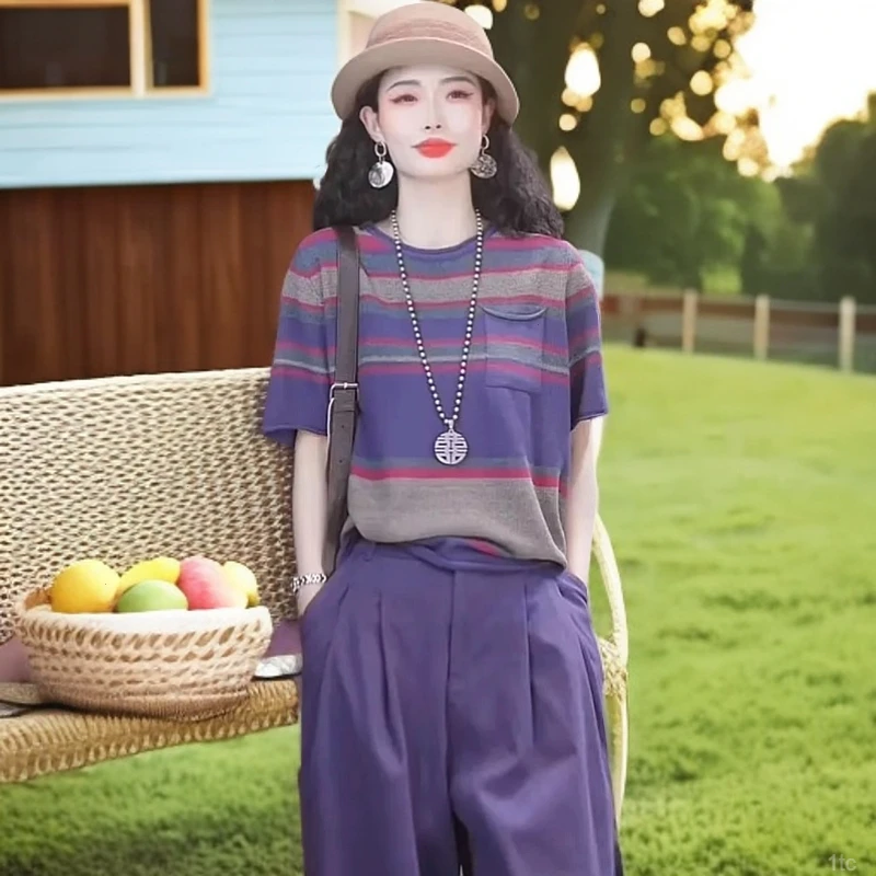 复古小众撞色条纹针织女2025夏季新款高级感慵懒宽松休闲上衣女