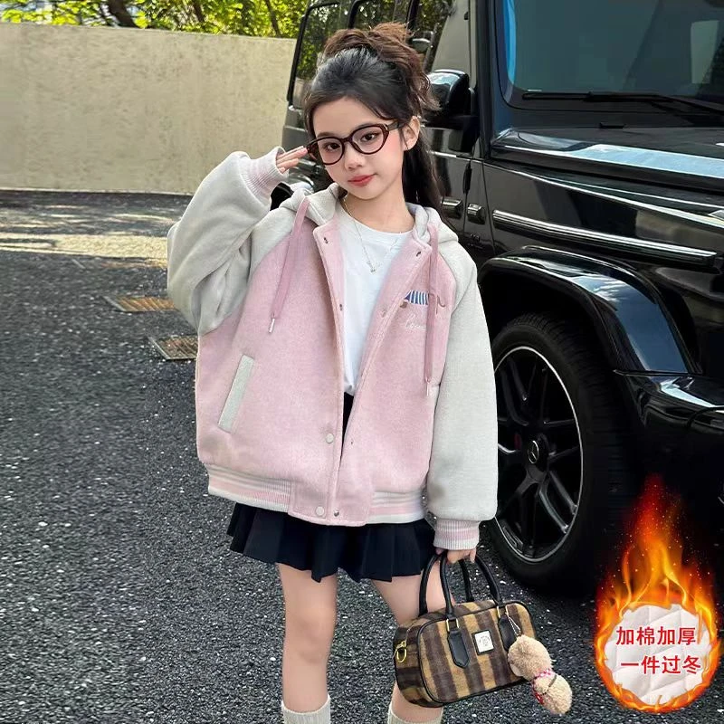 Q330女童2025冬季洋气拼色连帽休闲百搭棉服外套
