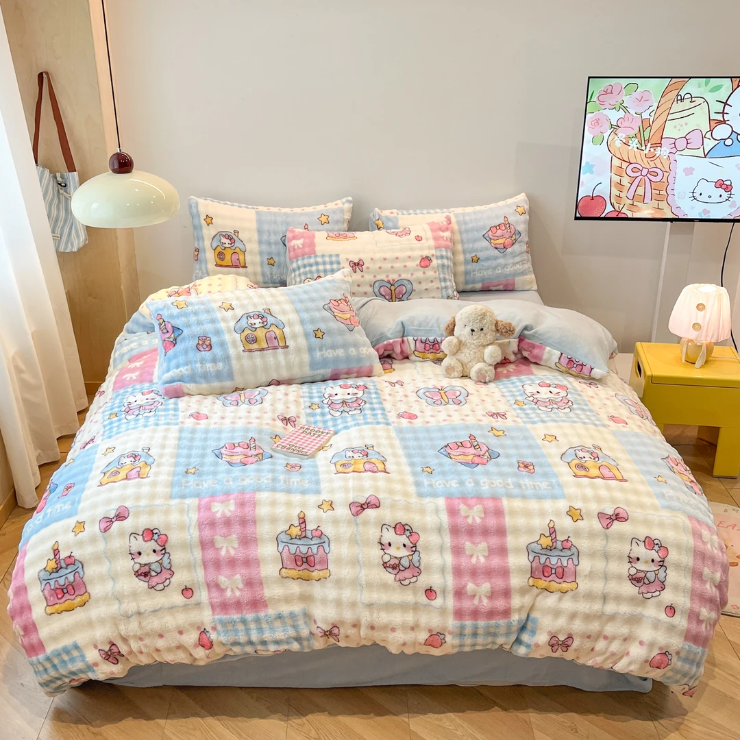 2025直播爆款牛奶绒泡泡绒印花四件套可爱韩系床单床笠冬季床品