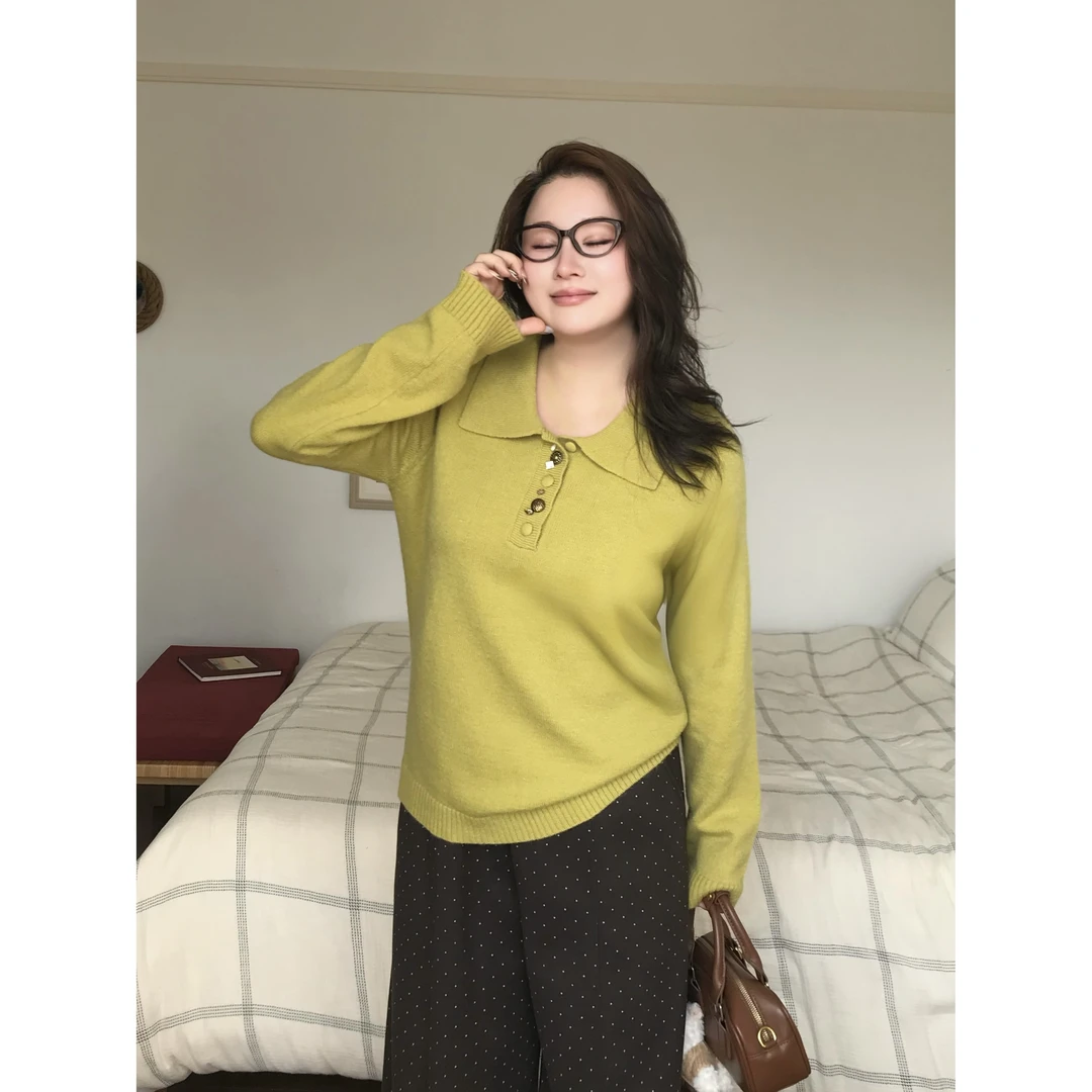 可露露~胖mm复古翻领针织衫女2025秋冬新款宽松慵懒显瘦毛衣6773