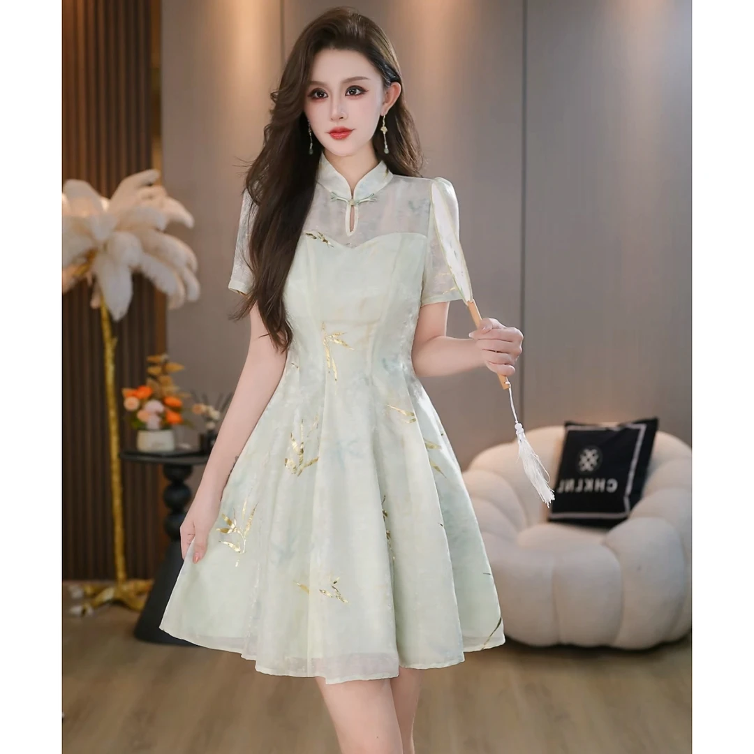 【水竹烟】新中式改良复古印花盘扣收腰显瘦连衣裙 B5850