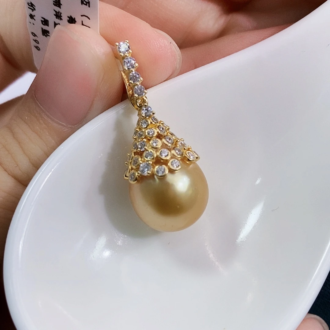银S925镶嵌海水珍珠浓金吊坠12.8mm