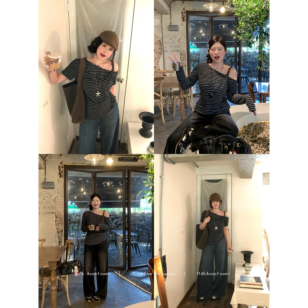 知葵微胖定制【复古旋律】夏季韩系复古条纹露肩T恤12253T6708