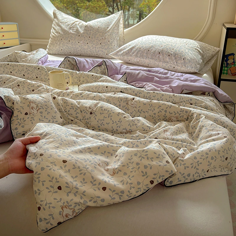 简约田园小兔A类母婴水洗夏凉被ins皱皱纱亲肤柔软空调被子非纯棉