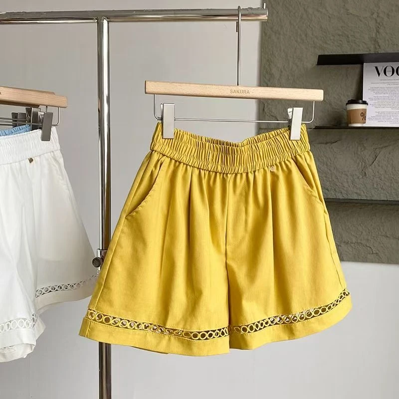 6529款镂空花边休闲夏季女短裤高腰显瘦松紧腰A字阔腿短裤