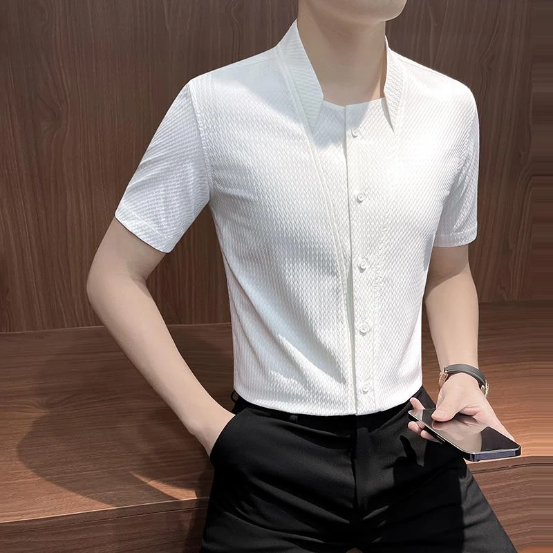 设计感立领衬衫男士短袖夏季冰丝2025新款爆款高级感痞帅衬衣男款