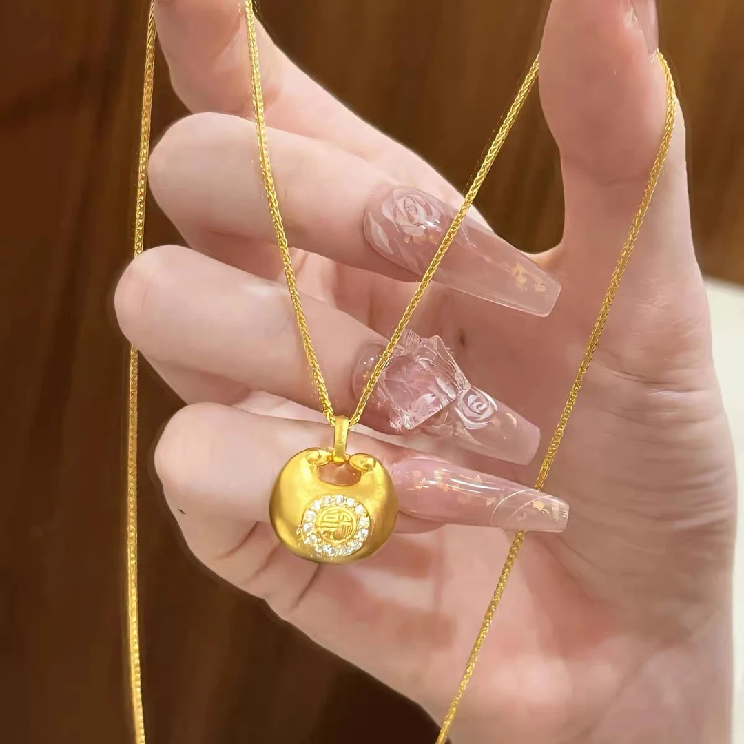 铜合金项链 新中式小胖福锁吊坠锁包简约时尚百搭气质锁骨链