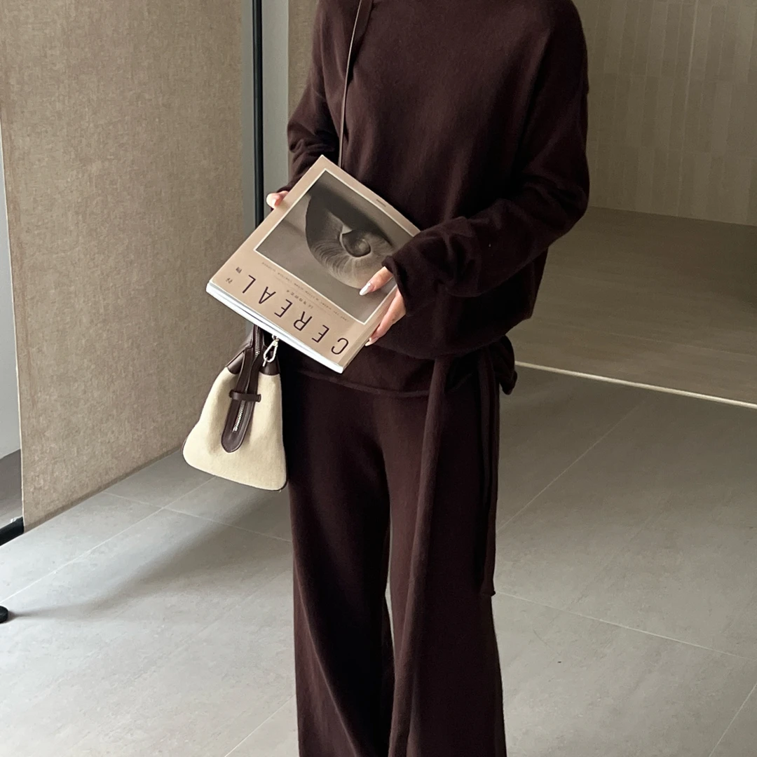 玲玲严选慵懒风显瘦秋季新款兔毛针织衫+阔腿裤套装（加腰带）