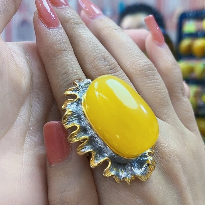 琥珀银S925镶嵌颈饰戒指