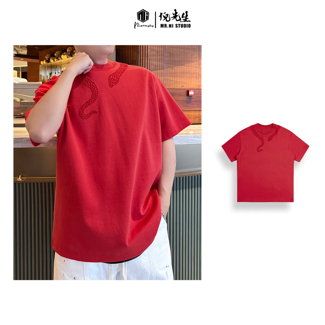 MR.NI/倪先生「高端局」福气缠身高奢精致立体水溶绣罗马棉短袖T恤