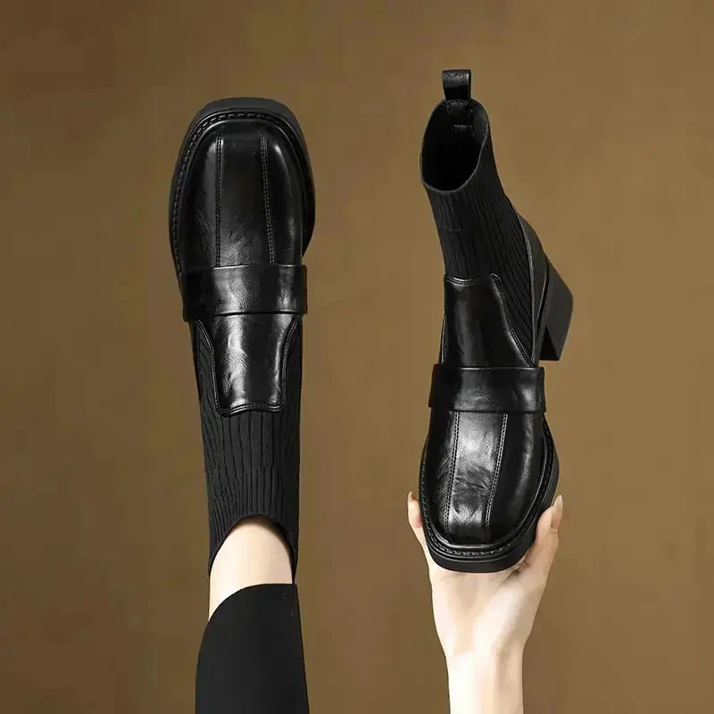 秋冬中跟短靴女新款复古粗跟针织英伦风方头弹力瘦瘦靴短靴373