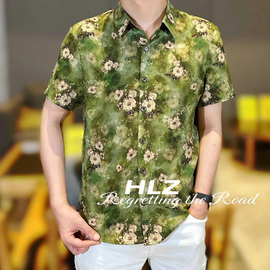 2025夏季新款男士时尚个性休闲时尚牡丹图案纽扣款翻领短袖衬衫
