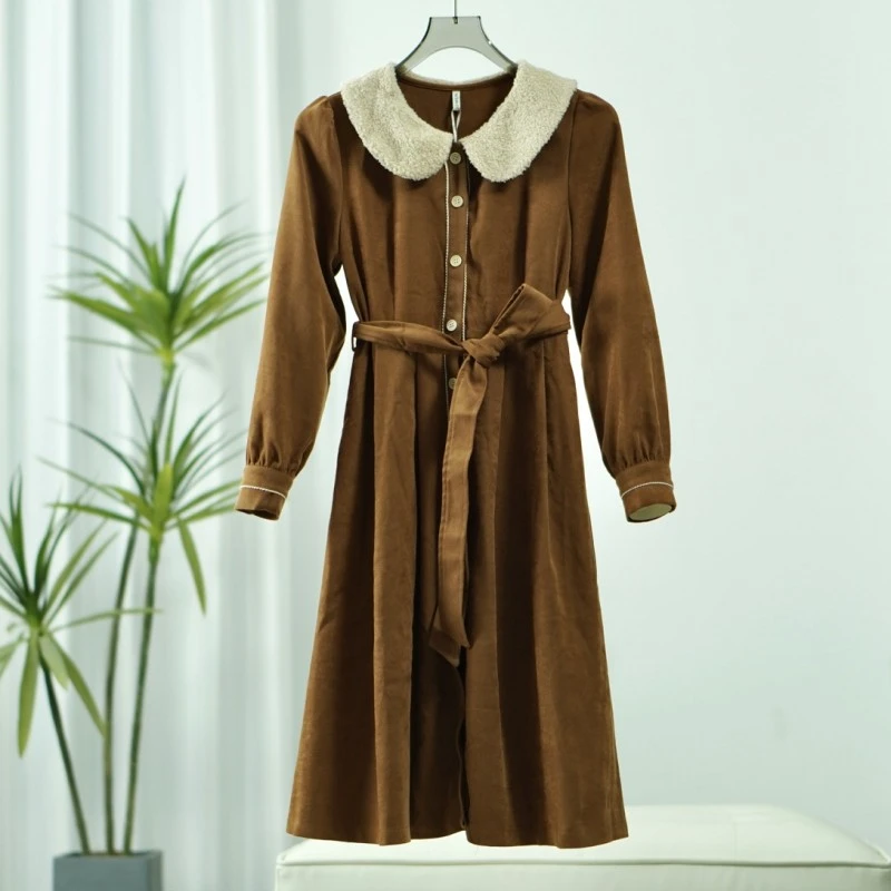 【诗M】E232  春秋毛领收腰气质连衣裙咖啡色2581361