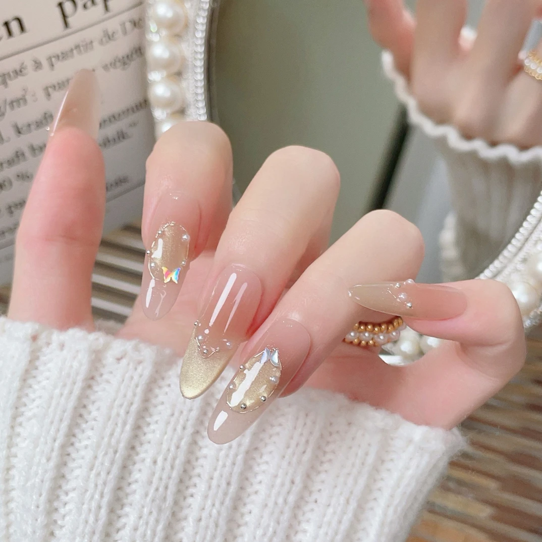 纸醉金迷秋冬新款纯手工穿戴甲美甲猫眼珍珠温柔显白可拆卸美甲片