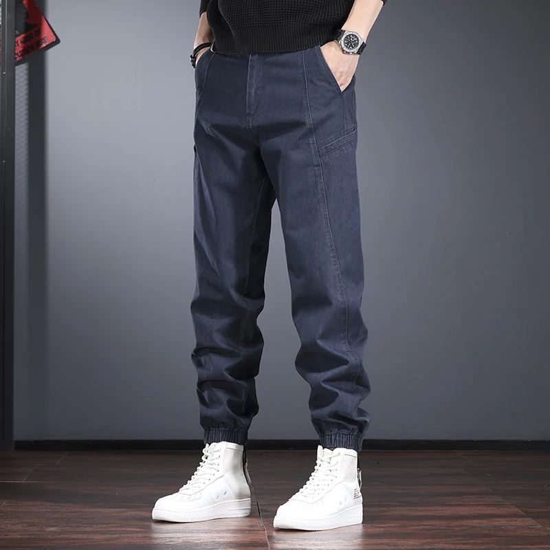 蓝色休闲裤男秋冬季宽松束脚哈伦裤美式复古水洗纯棉加绒工装裤潮
