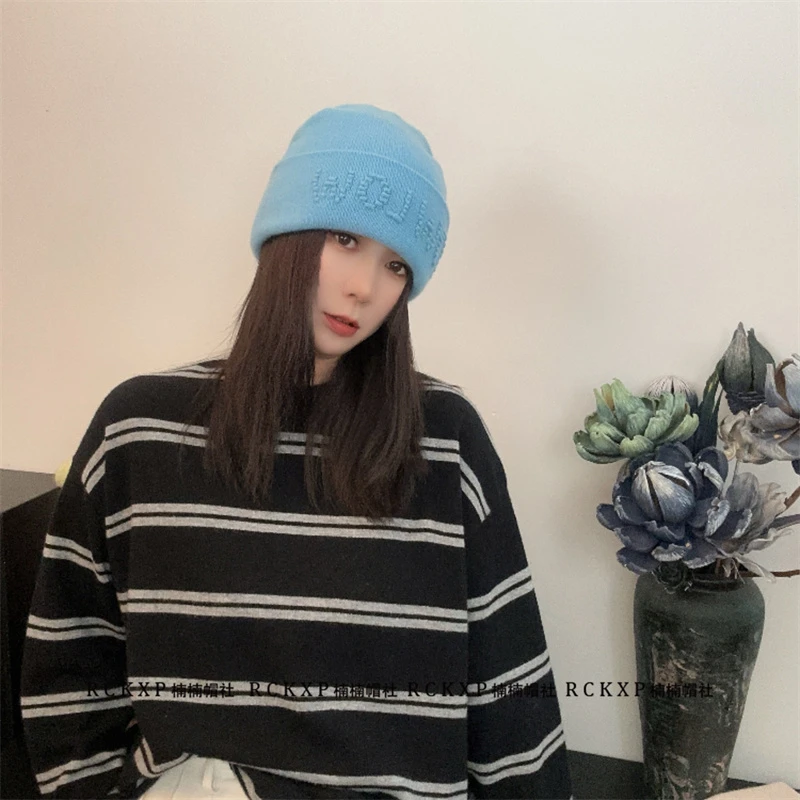 100%澳洲羊毛秋冬保暖百搭针织帽子女显瘦减龄纯色字母刺绣毛线帽