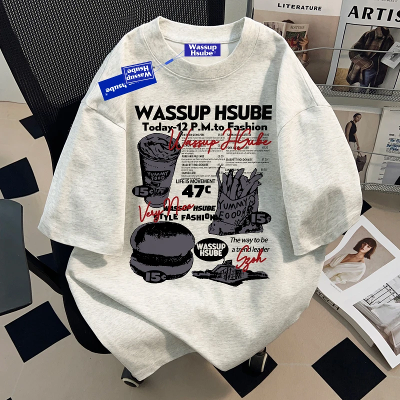 WASSUP HSUBE创意个性印花纯棉圆领短袖T恤男女夏季宽松半袖上衣