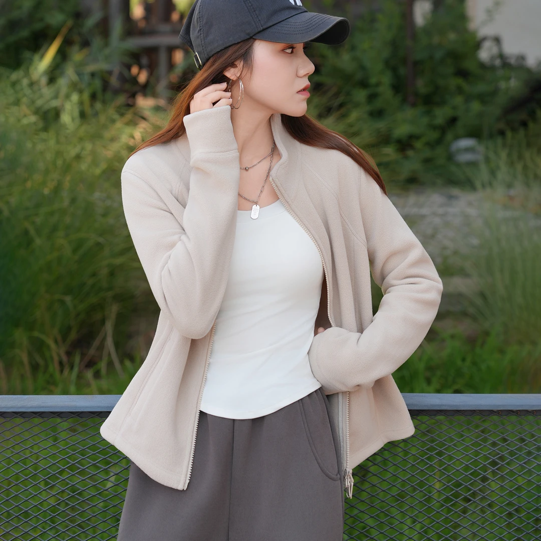 气凝胶摇粒绒秋冬抗静电加绒加厚女士修身拉链立领开衫卫衣绒衫