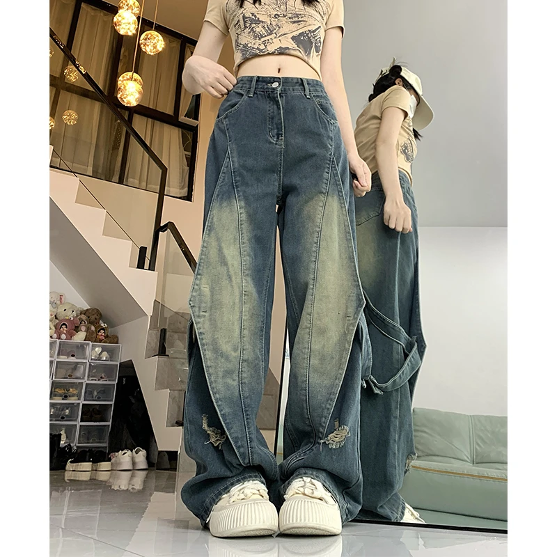 2-300斤胖mm大码女装拼接美式绑带复古破洞牛仔裤宽松显瘦直筒裤