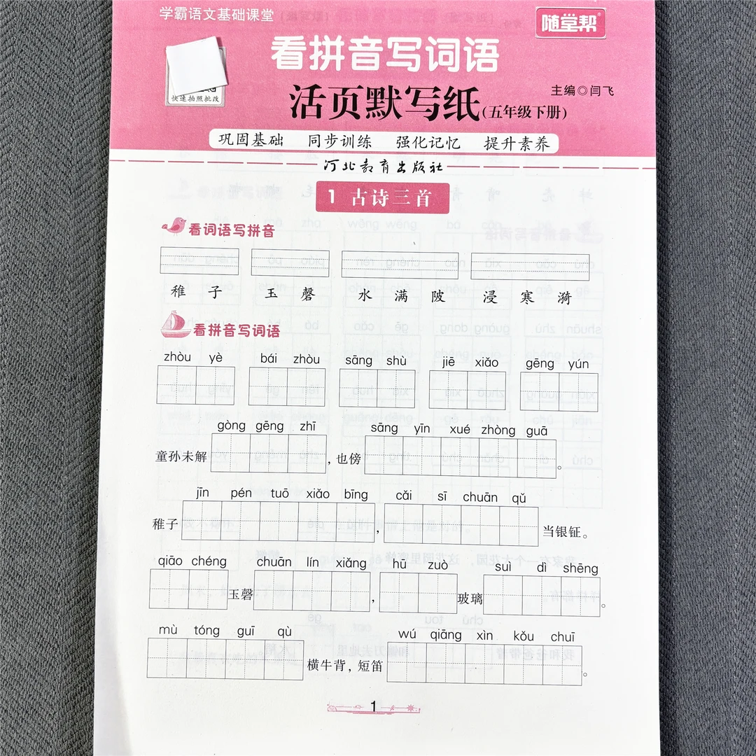 活页纸五年级下册看拼音写词语生字注音一课一练同步生字默写本