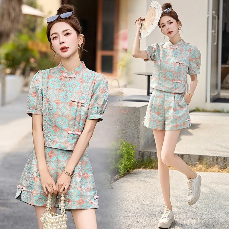 新中式国风复古提花套装女2025夏季新款高级感时尚显瘦短裤两件套