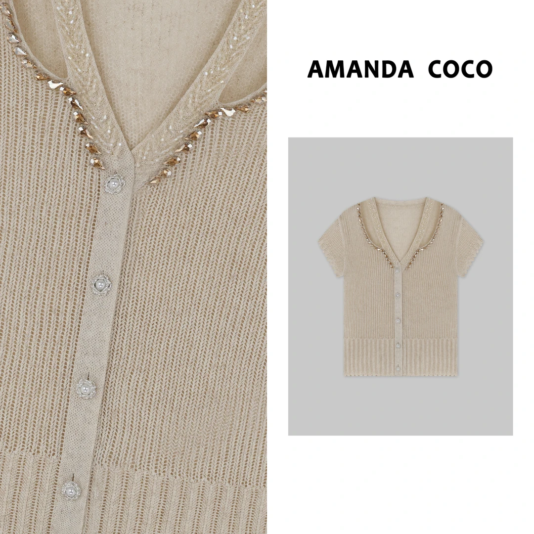 优雅出众～2025夏季轻奢风串钻设计感v领小飞袖针织衫