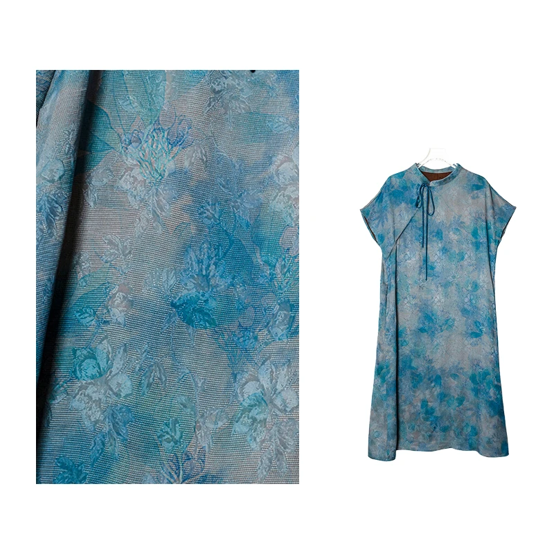 [花西子] 夏季新款蓝色花萝连肩斜襟显瘦气质连衣裙