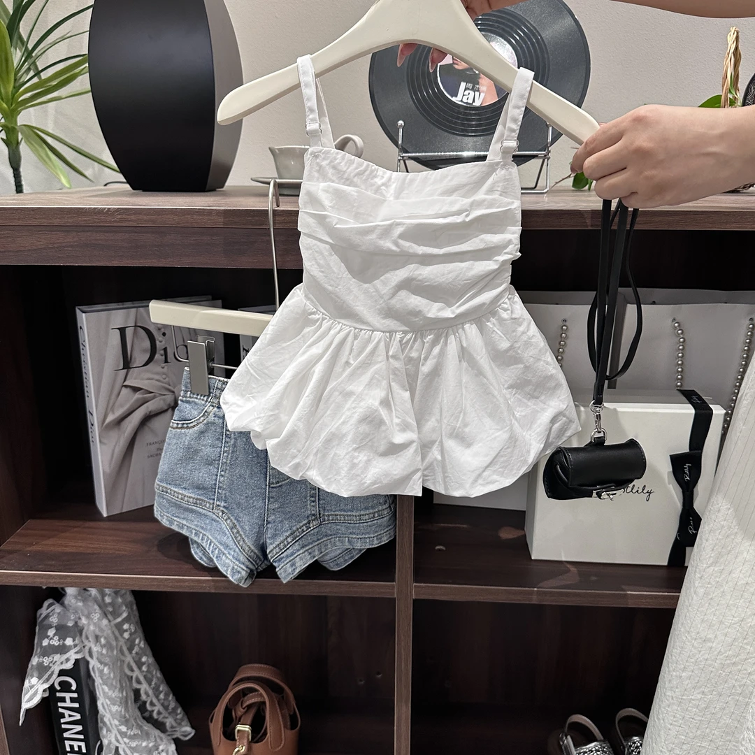 女童夏季新款韩版设计感背心甜美荷叶边裙摆上衣蓝色牛仔女童套装
