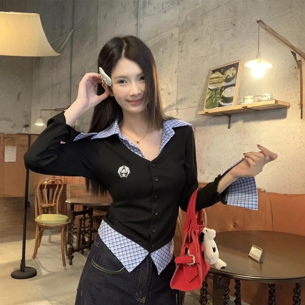 【小屁】大码韩系设计感假两件格纹拼接衬衫修身显瘦撞色上衣