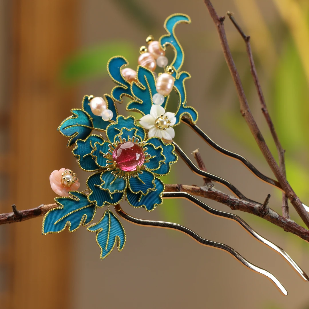 非遗仿点翠蓝花发钗孔雀毛点翠发簪烧蓝发簪